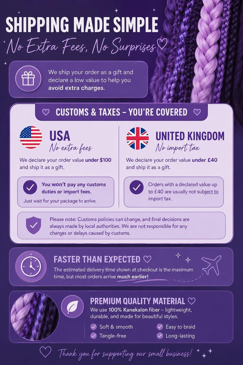 May include: Purple and lavender braided hair extensions with text about shipping, customs, and material quality. The text includes "Shipping Made Simple", "No Extra Fees, No Surprises", and "Premium Quality Material".