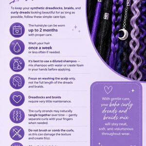 May include: A purple and black graphic with care instructions for synthetic dreadlocks, braids, and curly dreads. The image includes tips on washing, maintenance, and storage, with a section on boho curly dreads and braids.
