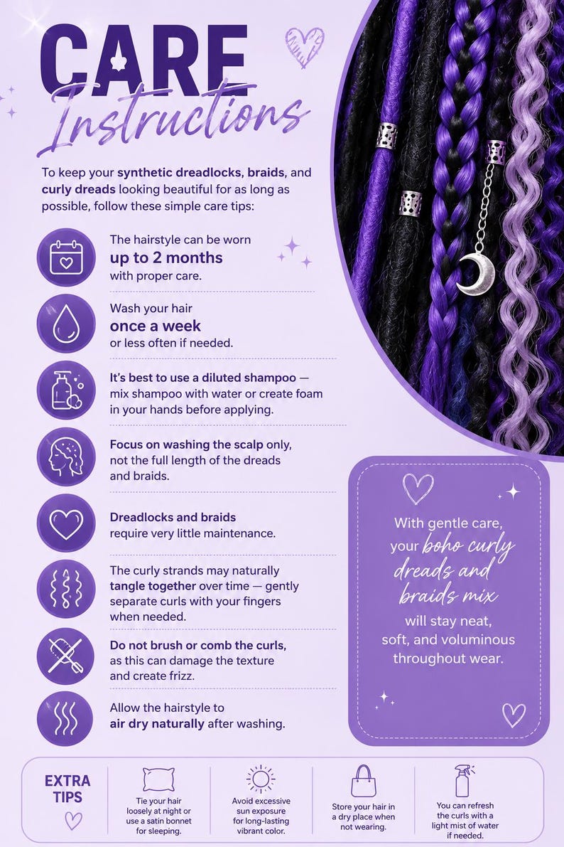May include: A purple and black graphic with care instructions for synthetic dreadlocks, braids, and curly dreads. The image includes tips on washing, maintenance, and storage, with a section on boho curly dreads and braids.