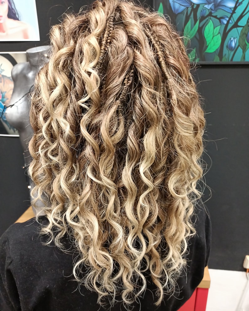 Brown to Blonde Curly Hair Extensions Double Ended, Synthetic Boho Braid in Curls, Natural Look Crochet Dreadlock Extensions with Wavy Ends