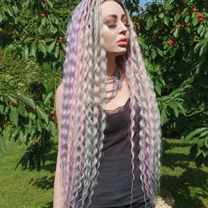 Synthetic Long Curly Hair Extensions, Pastel Pink Faux Locs for Burning Man, Double Ended Distressed Dread Locs with Wavy Ends