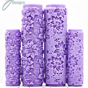May include: Four cylindrical purple rollers featuring a raised, embossed pattern of poinsettia flowers, pine needles, and berries. The text G Designs appears in the top left, while Opulent Poinsettia Intricate Texture is printed at the bottom.