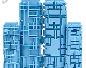 May include: Four blue rubber rollers with a geometric pattern. The rollers are different sizes and are labeled "Matrix Deep Texture".