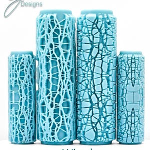 May include: Four light blue cylindrical rollers with a textured, wired, deep impression design. The rollers vary in height, with the tallest one featuring a complex, web-like pattern. The text "Wired Deep Impression" is at the bottom.