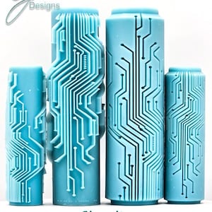 May include: Four light blue cylindrical rollers featuring a raised circuit board pattern. The text G Designs appears in the top left corner, while the text Circuits Deep Impression is printed at the bottom of the image in dark teal lettering.