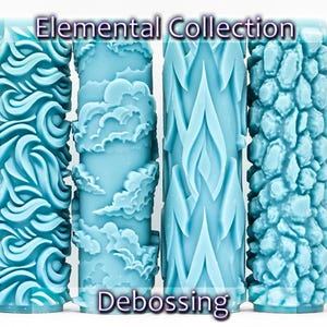 May include: Four light blue debossing rollers with different patterns: swirling waves, clouds, flames, and stones. The text "Elemental Collection" and "Debossing" are displayed in the image. These rollers are designed for crafting and adding texture to various materials.