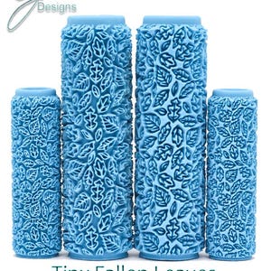 May include: Four blue paint rollers with a deep texture pattern of tiny fallen leaves. The rollers are arranged in order of size from smallest to largest. The text "Tiny Fallen Leaves Deep Texture" is printed below the rollers.
