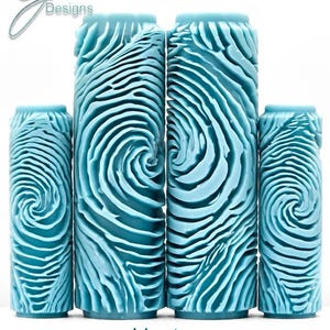 May include: Five teal paint rollers with a textured vortex design. The rollers are arranged in a row, with the center rollers being the tallest. The text "Vortex Deep Impression" is at the bottom of the image.
