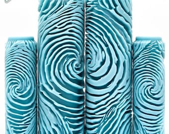 May include: Five teal-colored paint rollers with a textured vortex design. The rollers are arranged in a row, with the center rollers being the tallest. The text "Vortex Deep Impression" is at the bottom of the image.