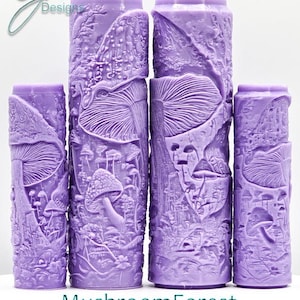 May include: Four purple rolling pins with a mushroom forest design. The rolling pins are different sizes and have a deep texture.