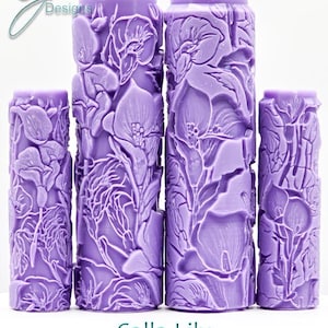May include: Four purple rubber rollers with an intricate design of Calla Lilies. The rollers are different sizes and are used for creating textured patterns on surfaces.