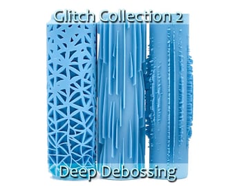 May include: Three blue plastic rollers with different embossed patterns. The rollers are labeled "Glitch Collection 2" and "Deep Debossing".