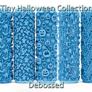 May include: Four blue plastic rollers with different Halloween themed designs. The designs include bats, ghosts, pumpkins, and spiderwebs. The text "Tiny Halloween Collection" and "Debossed" are visible on the image.