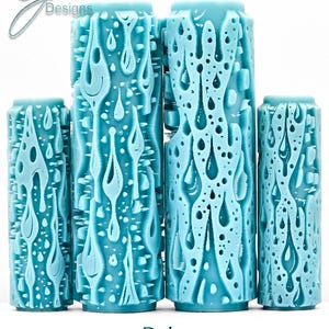 May include: A collection of five turquoise cylinders with a drip design. The cylinders vary in height and feature a textured surface with a pattern of flowing drips and small holes. The text "Drips Deep Impression" is at the bottom.