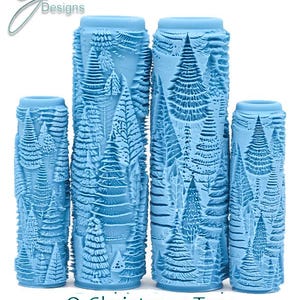May include: Four blue paint rollers with a deep texture design of Christmas trees. The text "O Christmas Tree Deep Texture" is printed below the rollers.