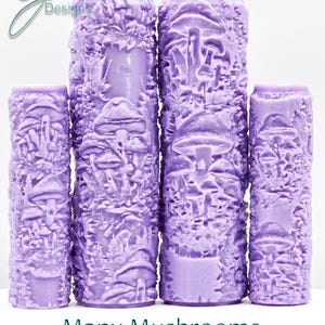 May include: Four purple textured rollers with a mushroom design. The rollers are labeled "Many Mushrooms Deep Texture".