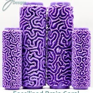 May include: Four purple textured paint rollers with a deep brain coral design. The rollers are arranged in a row from smallest to largest. The text "Fossilised Brain Coral Ultra Deep Texture" is printed below the rollers.