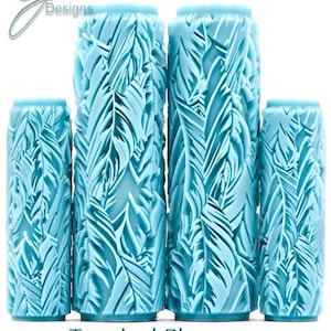 May include: Four light blue patterned paint rollers featuring a raised tropical feather design. The rollers are arranged in a row with two taller rollers in the center and two shorter rollers on the sides. Text reads G Designs, Tropical Plumage Deep Impression.