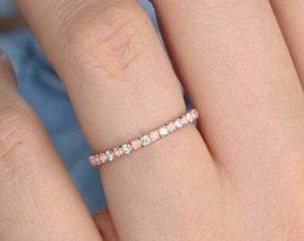 Opal Diamond Eternity Band: Sterling Silver Thin Wedding Ring