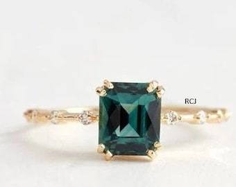 Oktagon Smaragd Ring: Zierlicher 14K Gold Solitär, Sterling Silber