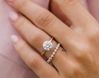 Moissanite Engagement Ring Set: Sterling Silver, Rose Gold CZ Stacking Ring