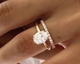 Oval CZ Engagement Ring Set: Rose Gold Sterling Silver Wedding Band