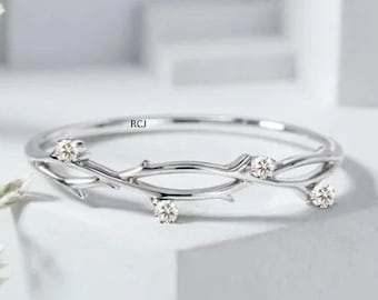 Dainty Twig Engagement Ring: Sterling Silver Leaf Band, White Diamond CZ