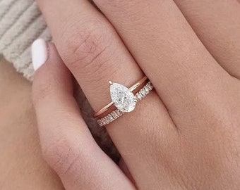 Pear CZ Diamant Ring Set: Rose Gold Plated Sterling Silber Ehering