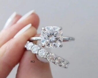 Cushion Cut Sterling Silver Engagement Ring Set, White Diamond CZ