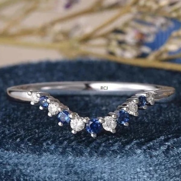 Curved sapphire wedding band White gold wedding band women Sapphire and Diamond ring Diamond matching ring stacking Solid 14K White goldBand