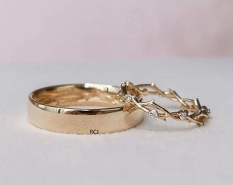 Gold Plated Twig Wedding Ring Set: CZ Sterling Silver Matching Bands