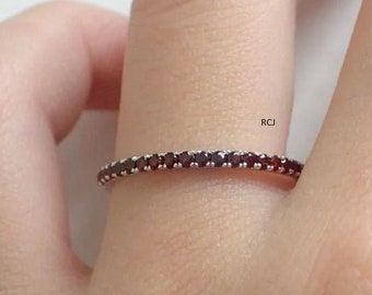Natural Garnet Eternity Band: Sterling Silver Stackable Ring