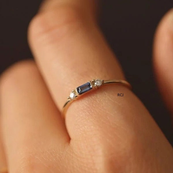 Dainty Sapphire Baguette Stacking Ring, 14k Gold Minimalist Sapphire Ring, Simple Blue Sapphire Ring, Sterling Silver Ring, Delicate Ring