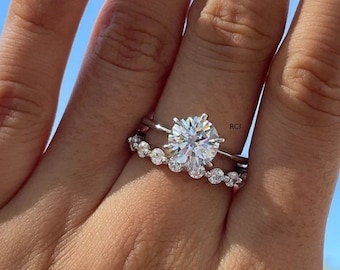 Rund Moissanit Braut Set: Sterling Silber Hidden Halo Ring