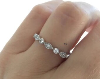 Moissanite Art Deco Wedding Band: 14k White Gold Vintage Ring