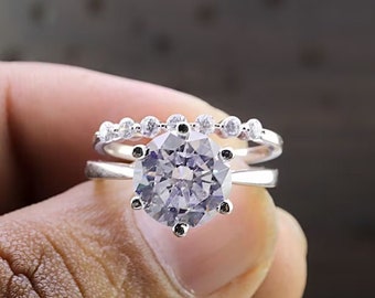 CZ Diamond Wedding Set: 1.5 Ct Round Cut Sterling Silver Rings
