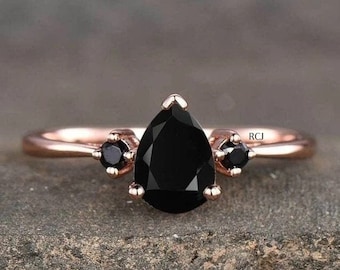 Birne Black Diamond Verlobungsring: Sterling Silber Halo Tropfenring