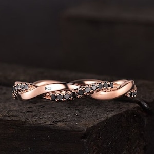 Black Diamond Wedding Band, Rose Gold Infinity Twist Eternity Band, Woman Stacking Matching Band, Cluster Ring Art Deco Promise Gift For Her
