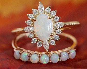 Opal Engagement Ring Set: 14K Yellow Gold Oval Wedding Anniversary Ring