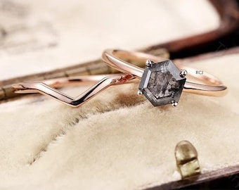 Rutilquarz Hexagon Ring Set: Sterling Silber Diamant Ring