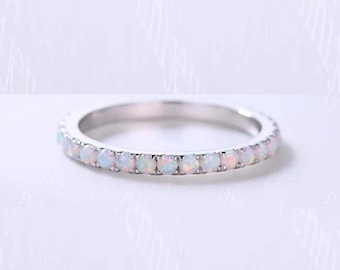 White Opal Sterling Silver Half Eternity Wedding Band