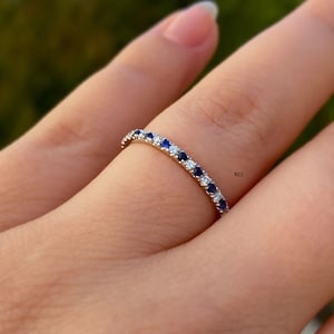 Blue Sapphire Diamond Full Eternity Band, Sterling Silver Wedding Ring