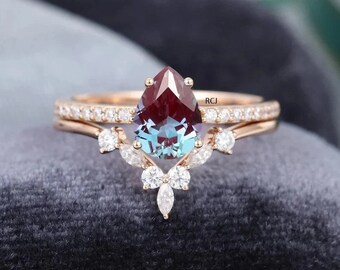 Birne Alexandrit Verlobungsring Set: Rosegold Diamant Cluster, Sterling Silber