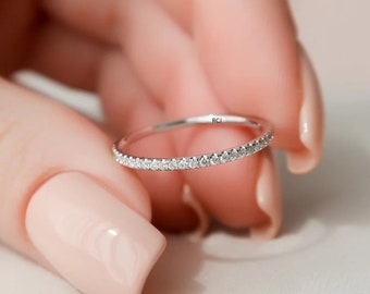 Micro Pave CZ Diamond Wedding Band - 14K Yellow Gold Half Eternity Ring