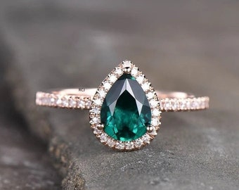 Pear Emerald Diamond Ring: 18K Rose Gold Halo Art Deco Jewelry