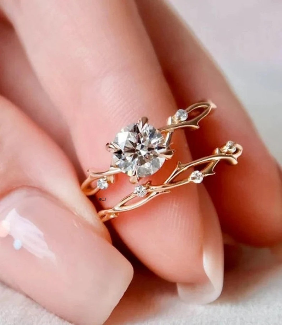 1 CT Dainty Twig Engagement Set, Rose Gold Branch Bridal Set, Nature