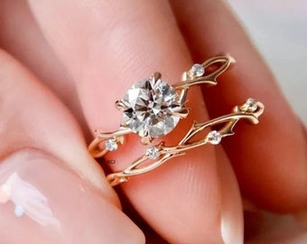 Dainty Twig Bridal Set: 1 CT Rose Gold CZ Engagement Ring