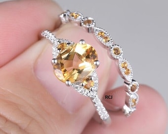 Oval Citrin Verlobungsring Set: Sterling Silber & Cubic Zirkonia