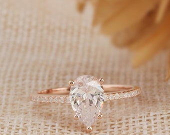 Pear CZ Diamond Engagement Ring: 14k Rose Gold Hidden Halo