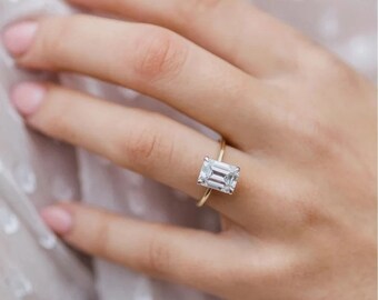 Emerald Cut CZ Solitaire Ring: 14K Yellow Gold Plated Sterling Silver